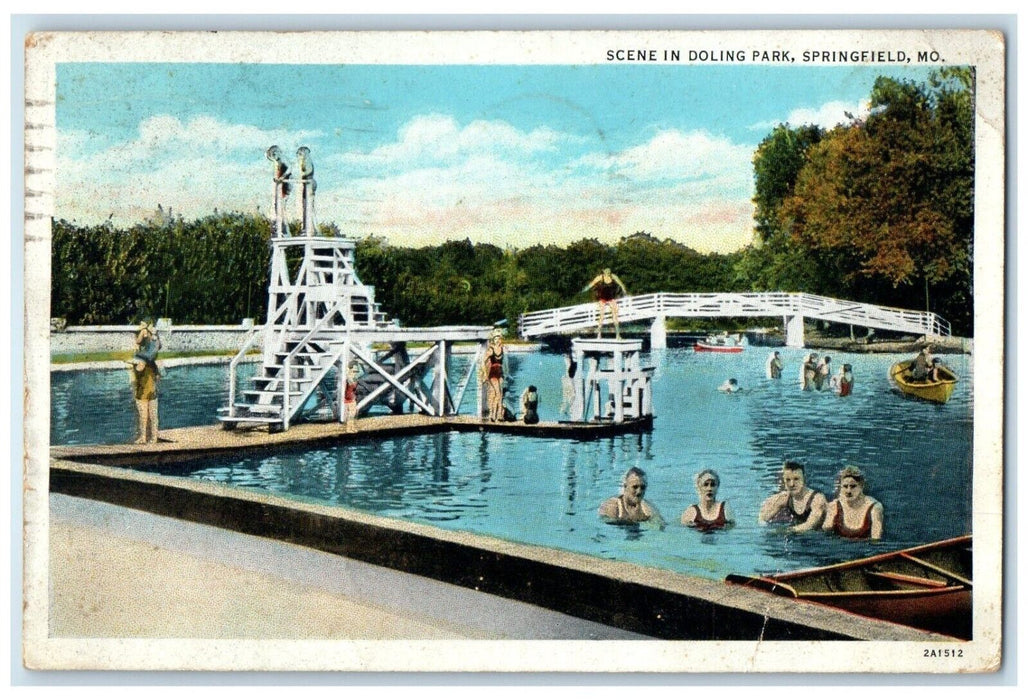 1934 Scene Doling Park Bridge Swimming Pool Canoe Springfield Missouri Postcard