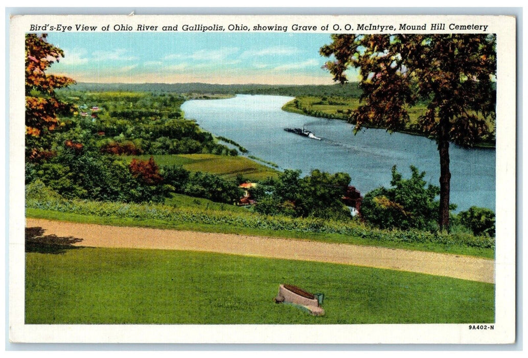 c1940 Bird's Eye View Ohio River Gallipolis Ohio Mound Hill Cemetery OH Postcard