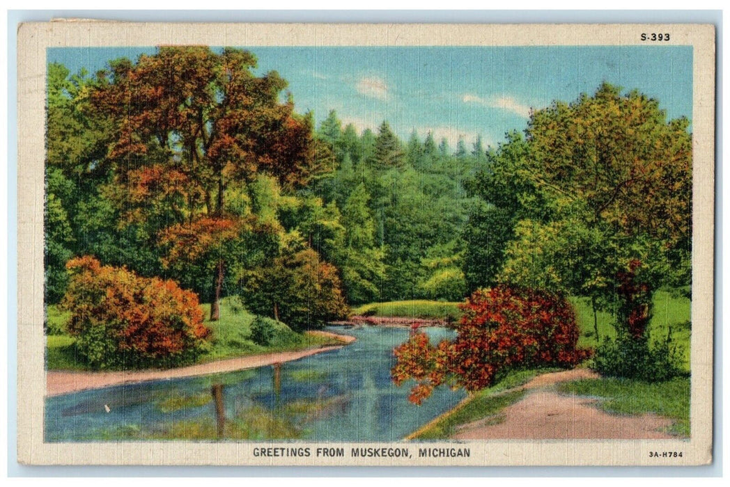 1945 Greetings From Trees River Lake Muskegon Michigan Vintage Antique Postcard