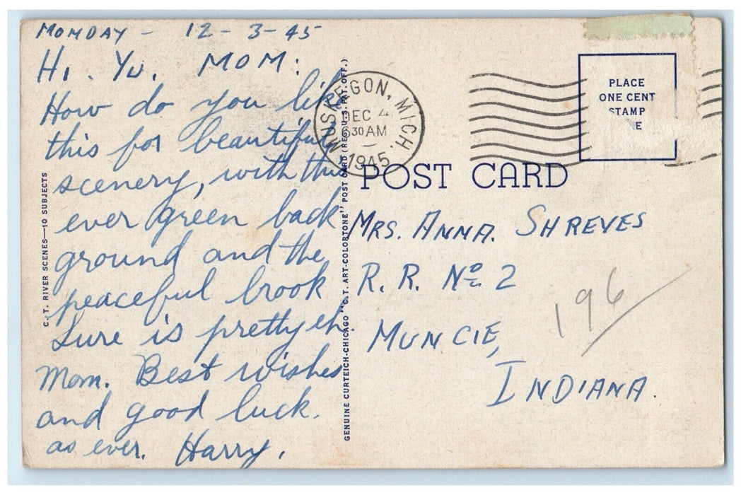 1945 Greetings From Trees River Lake Muskegon Michigan Vintage Antique Postcard