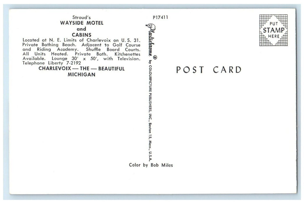 c1960 Strouds Wayside Motel Cabins  Golf Course Charlevoix Michigan MI Postcard