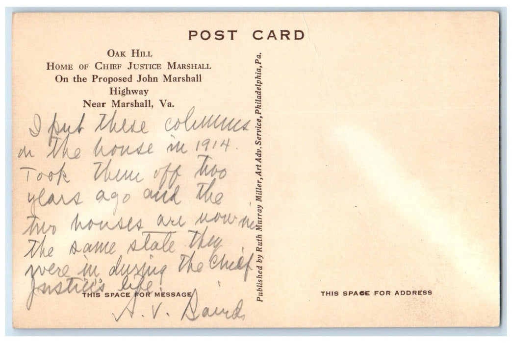 c1940 Oak Hill Home Chief Justice Highway Marshall Virginia VA Vintage Postcard