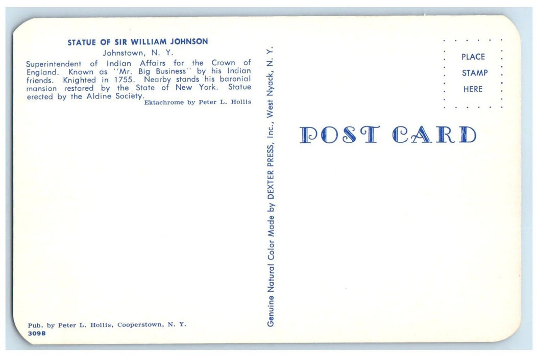 c1960 Statue Sir William Johnson Big Business Statue Johnstown New York Postcard
