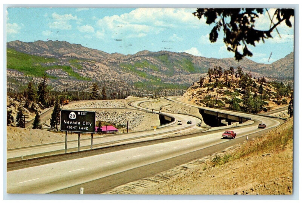 1970 Nevada City Right Lane Sign Interstate 80 Freeway Sacramento CA Postcard