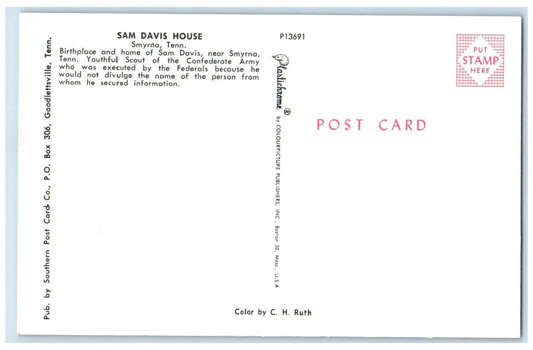 c1960 Sam Davis House Birthplace Sam Davis Exterior Smyrna Tennessee TN Postcard