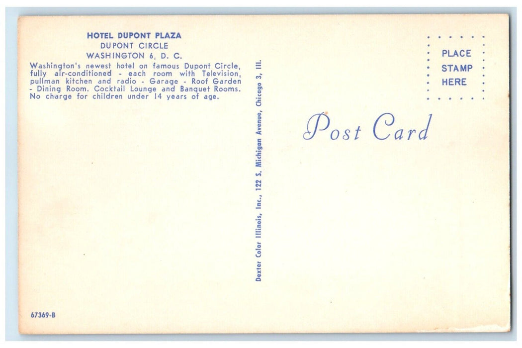 c1960's Hotel Dupont Plaza Building Scene Street Cars Washington DC Postcard