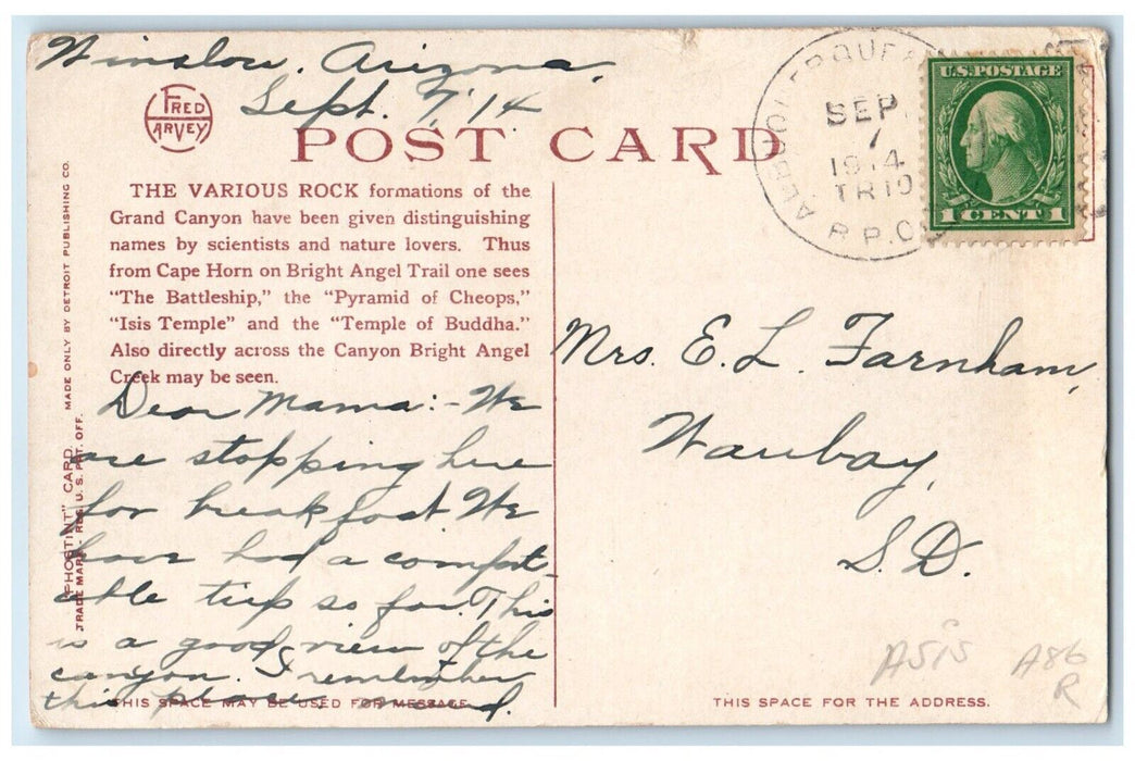1914 The Various Rock Grand Canyon Fred Harvey Albuquerque NM RPO Postcard