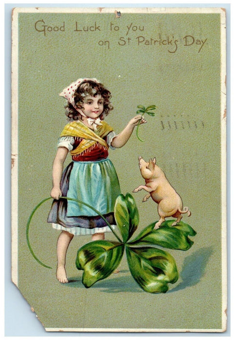 1911 St. Patrick's Day Girl Pig On Shamrock Rochester NY Tuck's Antique Postcard