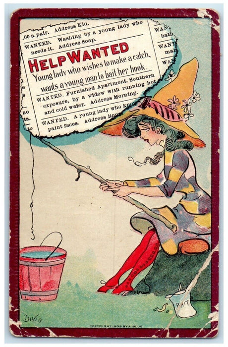 1909 Young Lady Fishing Bucket Young Man Embossed Havana Illinois IL Postcard