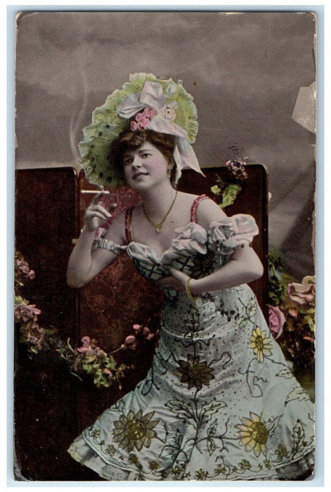 1909 Pretty Woman Big Hat Cigarette Smoke Harrisburg & Erie RPO Antique Postcard