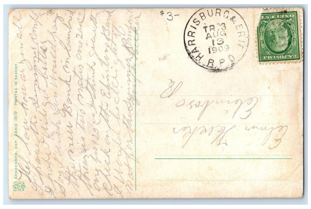 1909 Pretty Woman Big Hat Cigarette Smoke Harrisburg & Erie RPO Antique Postcard