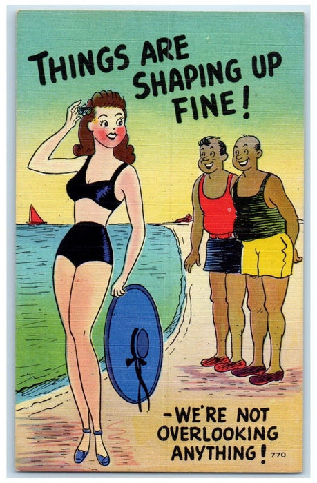 c1930's Pretty Woman Swimsuit Beach Things Are Shaping Up Fine Vintage Postcard