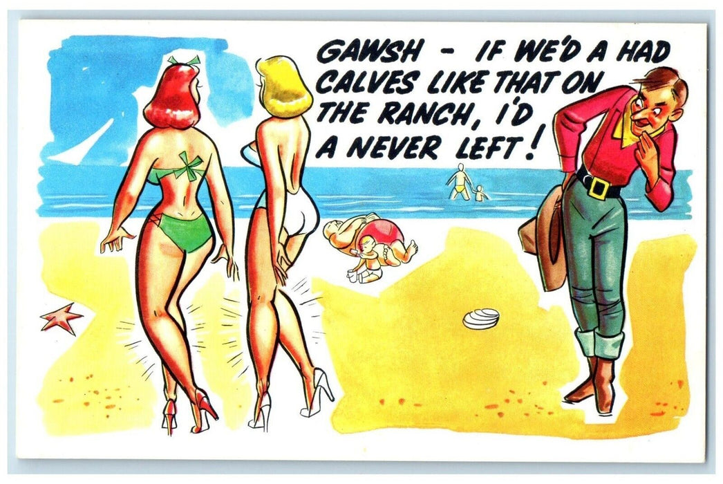 Man Pepping Girls Swimsuit On Beach Starfish Seashell Unposted Vintage Postcard
