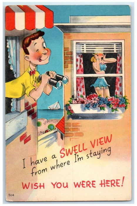 c1930's Man Peeping On Window Sexy Girl I Have Swell View Vintage Postcard