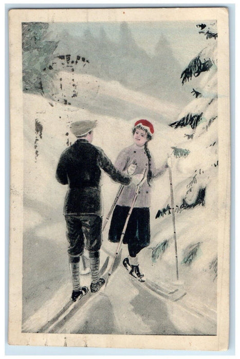 1912 Couple Romance Skiing Winter Pine Tress Covered Snow Antique Postcard