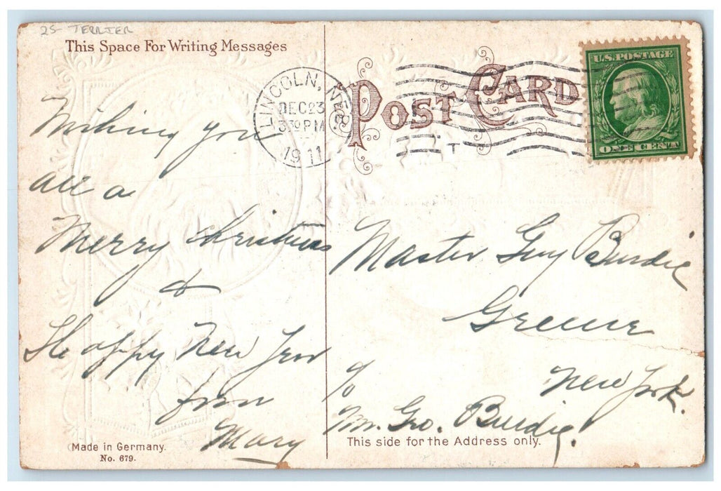 1911 Christmas Sana Claus Holly Berries Terrier Dog Lincoln Nebraska NE Postcard