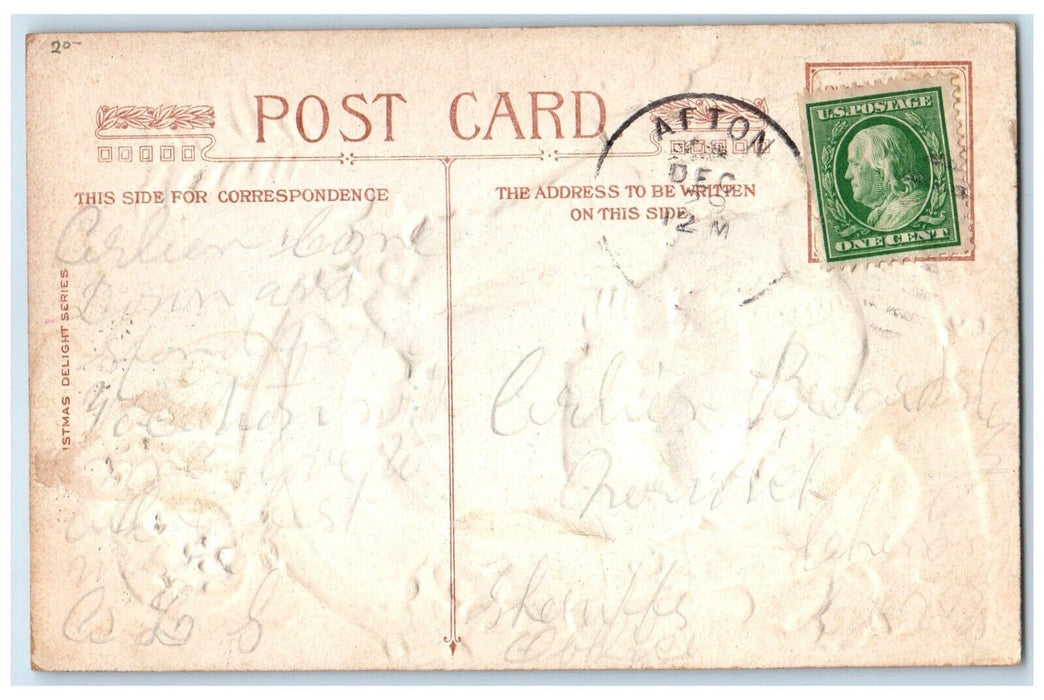 c1910's Merry Christmas Santa Claus Giant Bell House Winter Embossed Postcard