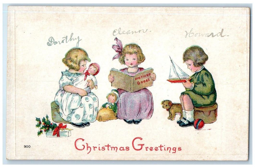 c1910's Christmas Greetings Children Playing Embossed Posted Antique Postcard