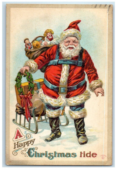 1911 Christmas Santa Claus Pulling Cart With Sack Of Toys Embossed Postcard