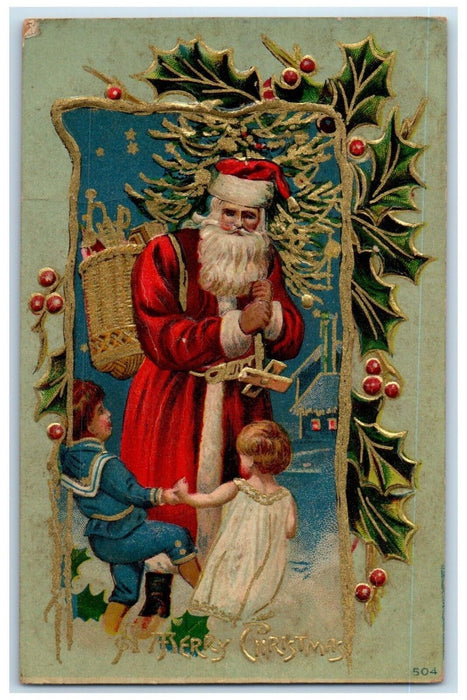 1909 Merry Christmas Santa Claus Sack Of Toys Children Berries Embossed Postcard