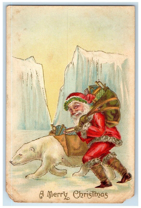 c1910's Christmas Santa Claus Sack Of Toys Polar Bear Embossed Antique Postcard