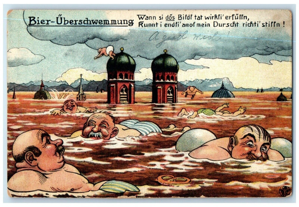 1933 Drunk Man Drinking Alcohol Beer Flood Germany Posted Vintage Postcard