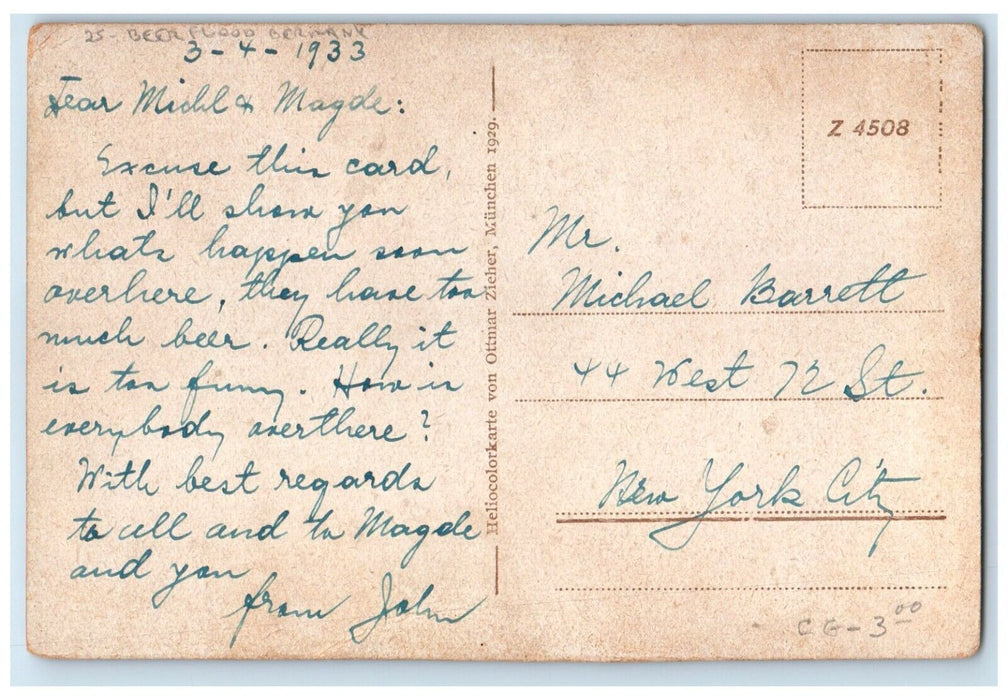 1933 Drunk Man Drinking Alcohol Beer Flood Germany Posted Vintage Postcard