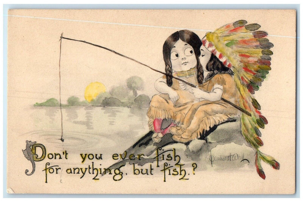 c1910's Little Sweetheart Kissing Romance Fishing Wall Gibson Antique Postcard