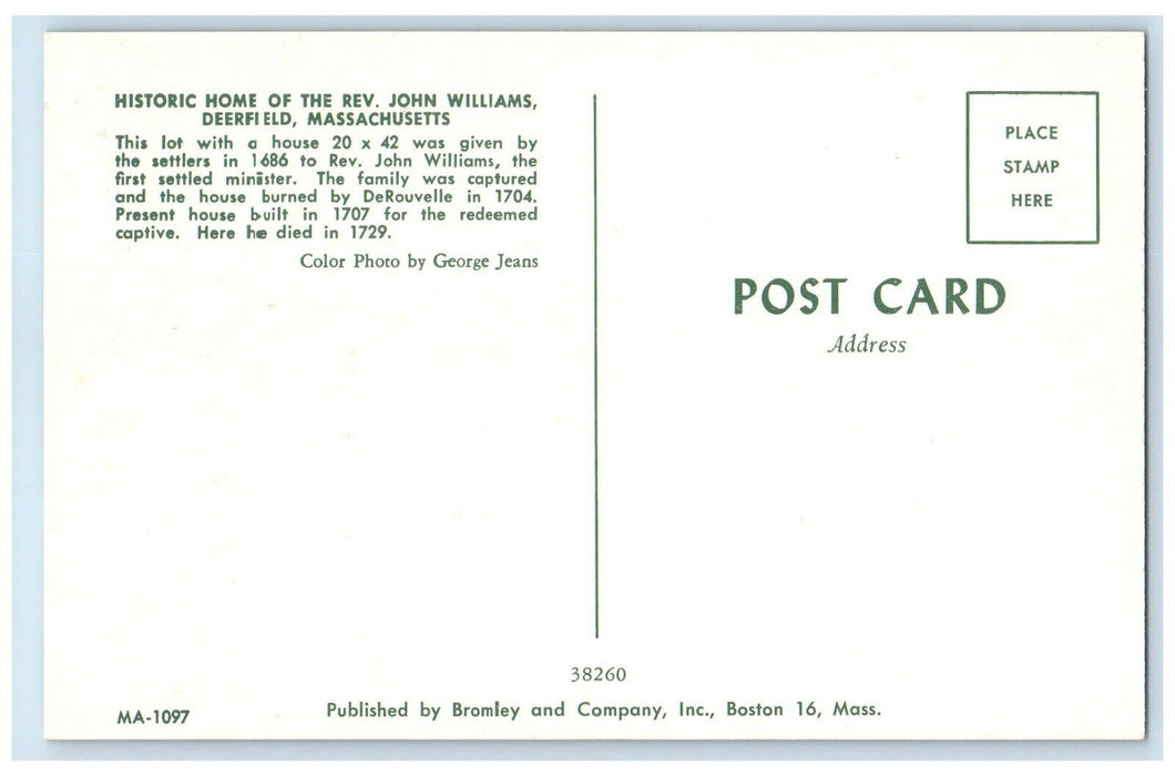 c1960 Historic Home Rev. John Williams Exterior Deerfield Massachusetts Postcard