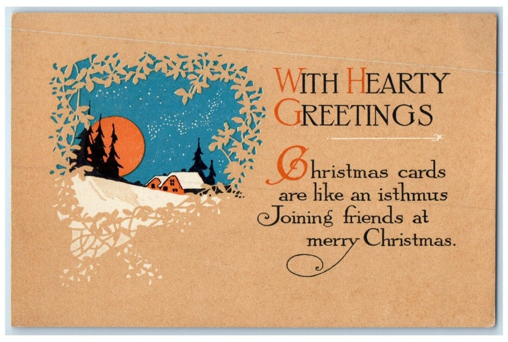 1917 Christmas Hearty Greetings Arts Abd Crafts Geneva VA Antique Postcard