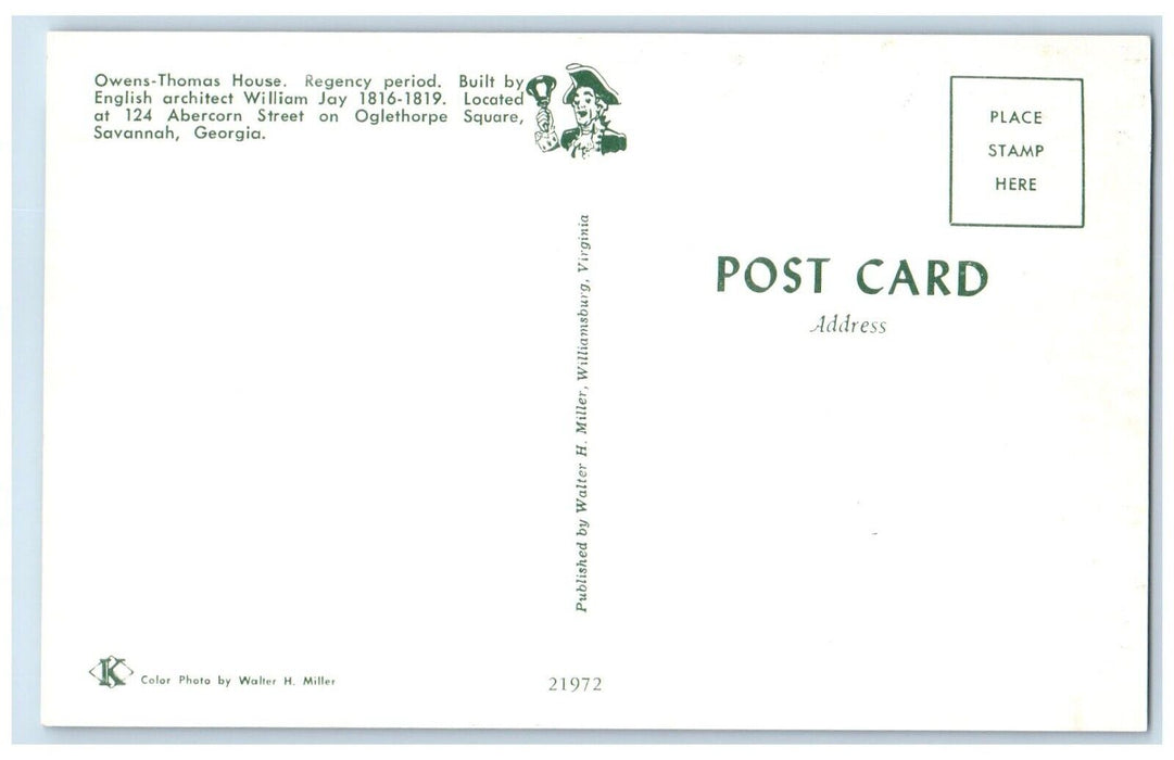 1960 Owens-Thomas House Regency Period Abercorn Street Savannah Georgia Postcard