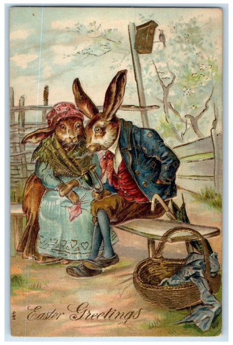 1908 Easter Greetings Anthropomorphic Rabbit Basket Embossed Antique Postcard