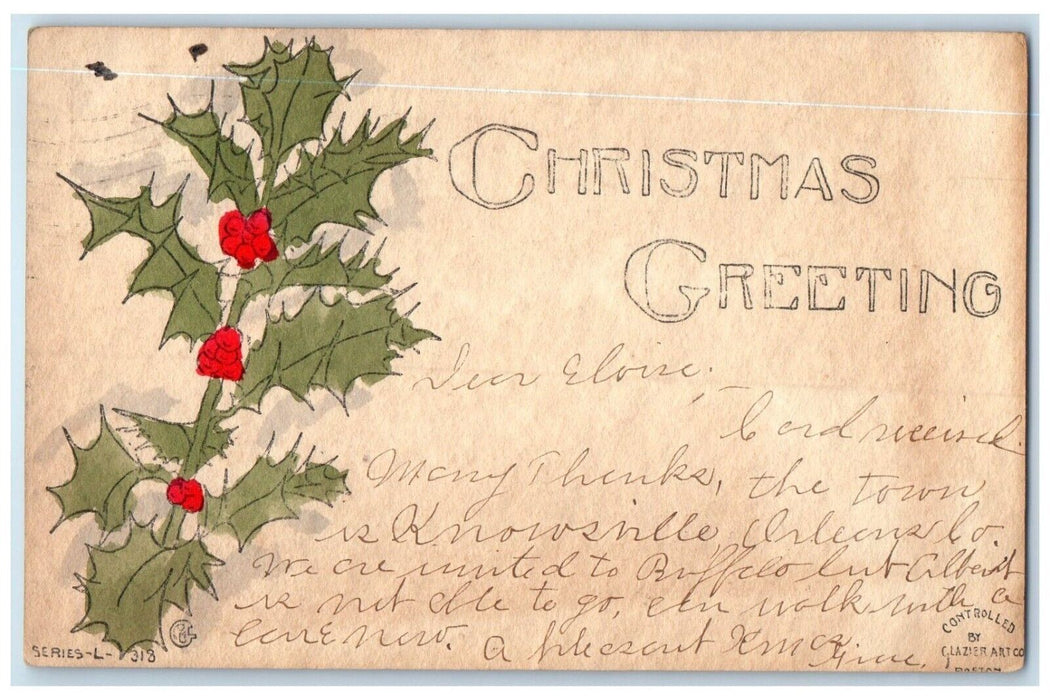 1909 Christmas Greetings Holly Berries Hand Printed Drawn Art Antique Postcard