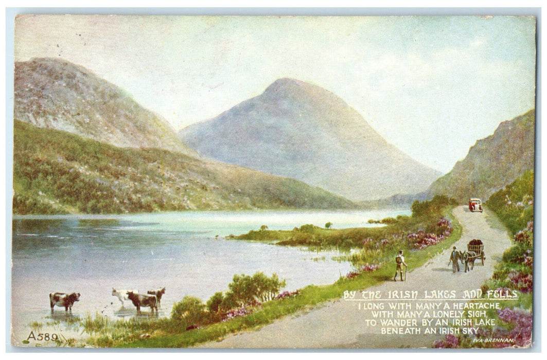 c1910 Cows Buck Carriage By The Irish Lakes and Fells Ireland Postcard