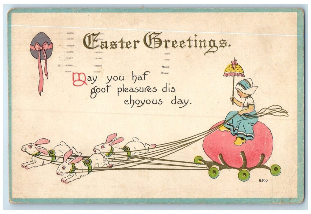 1914 Easter Greetings Rabbit Pulling Egg Cart Dutch Girl Brooklyn NY Postcard