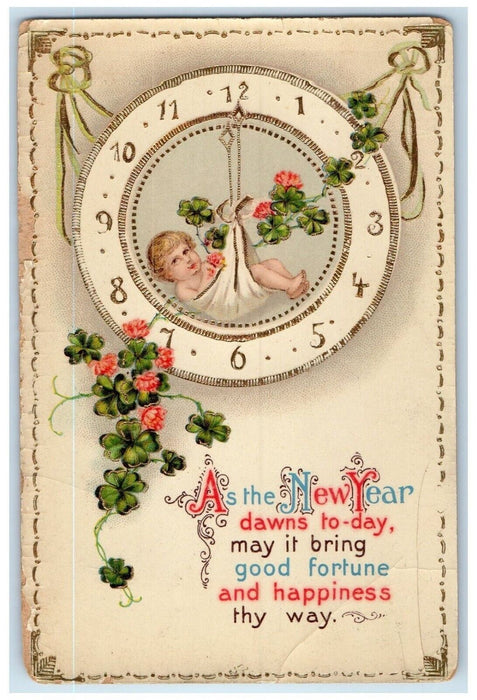 c1910's New Year Toddler Hanging Clock Shamrocks Flowers Gel Gold Gilt Postcard