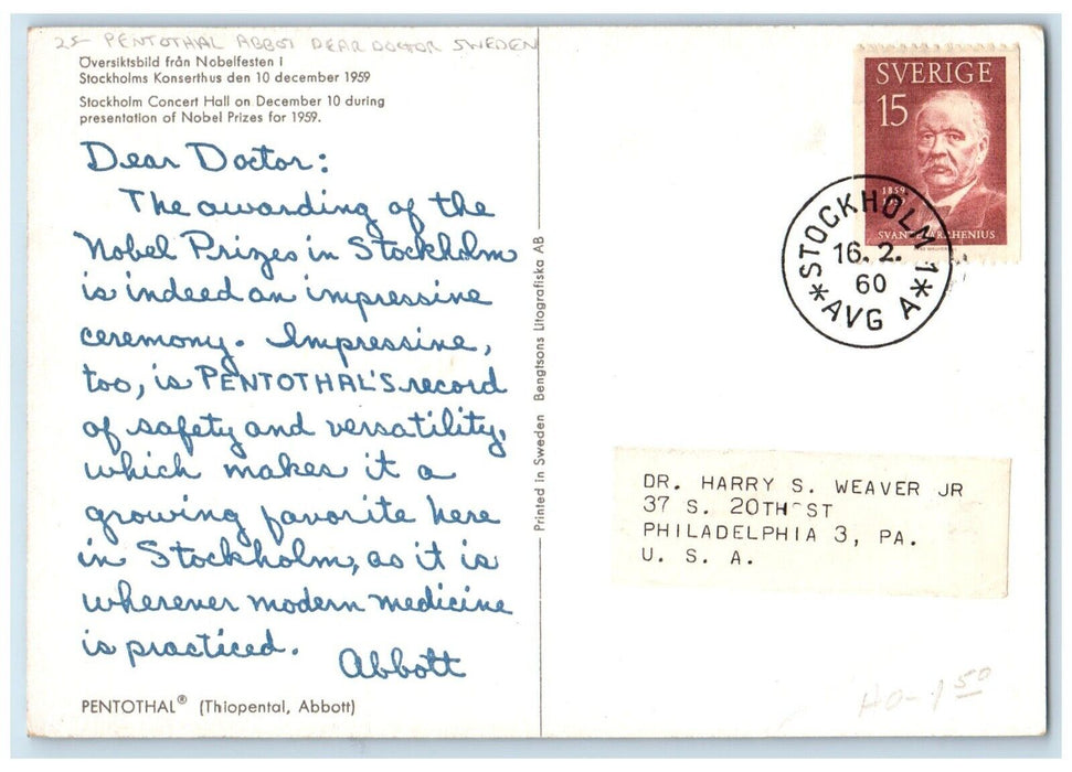 1960 Pentothal Abbot Dear Doctor Sweden Stockholm Posted Vintage Postcard