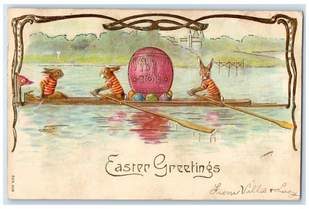 1907 Easter Greetings Anthropomorphic Rabbit Canoeing Rowing Eggs Postcard