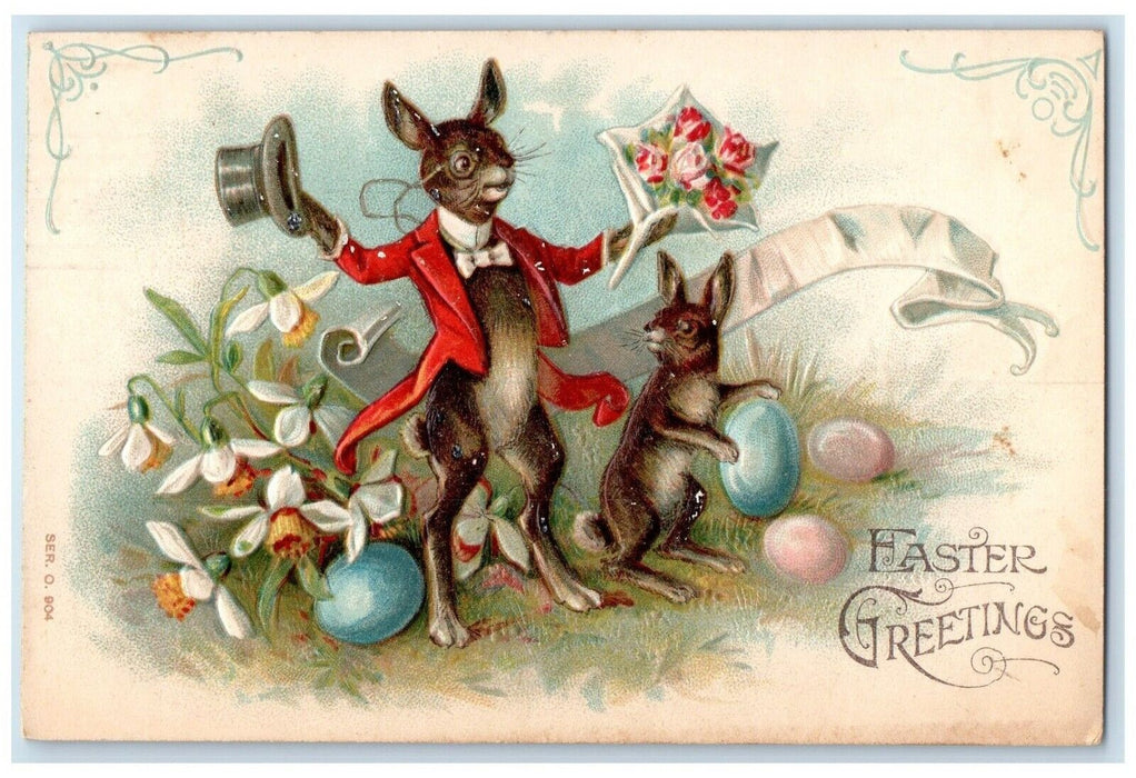 1907 Easter Greetings Anthropomorphic Rabbit With Flowers Eggs Embossed Postcard