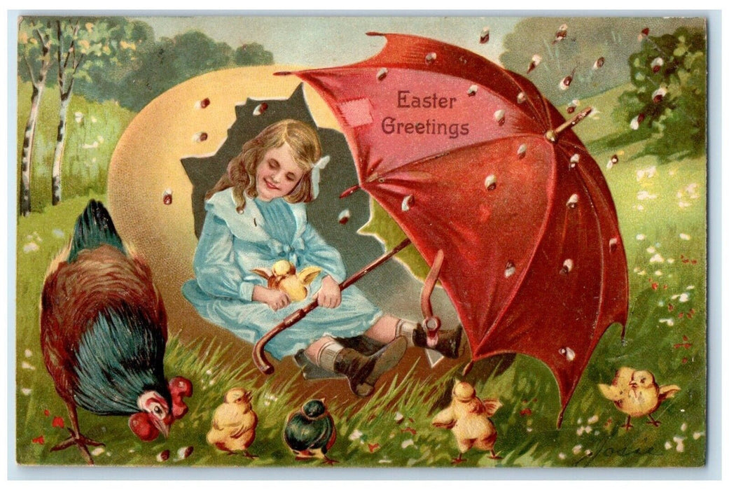 1907 Easter Greetings Hatched Egg Girl Chicken Hen Chicks Embossed Postcard