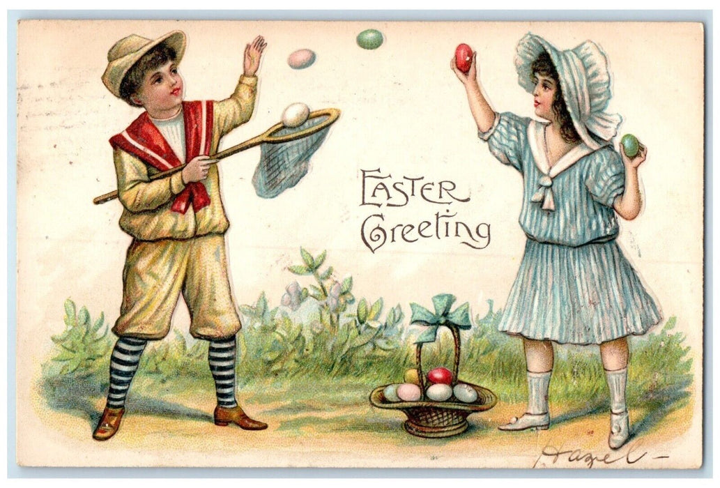 1907 Easter Greetings Children Playing Caching Egg Embossed Brooklyn NY Postcard