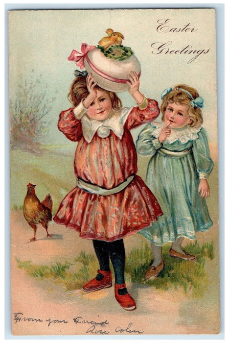 1907 Easter Greetings Children Holding Egg Hatched Chick Embossed Postcard