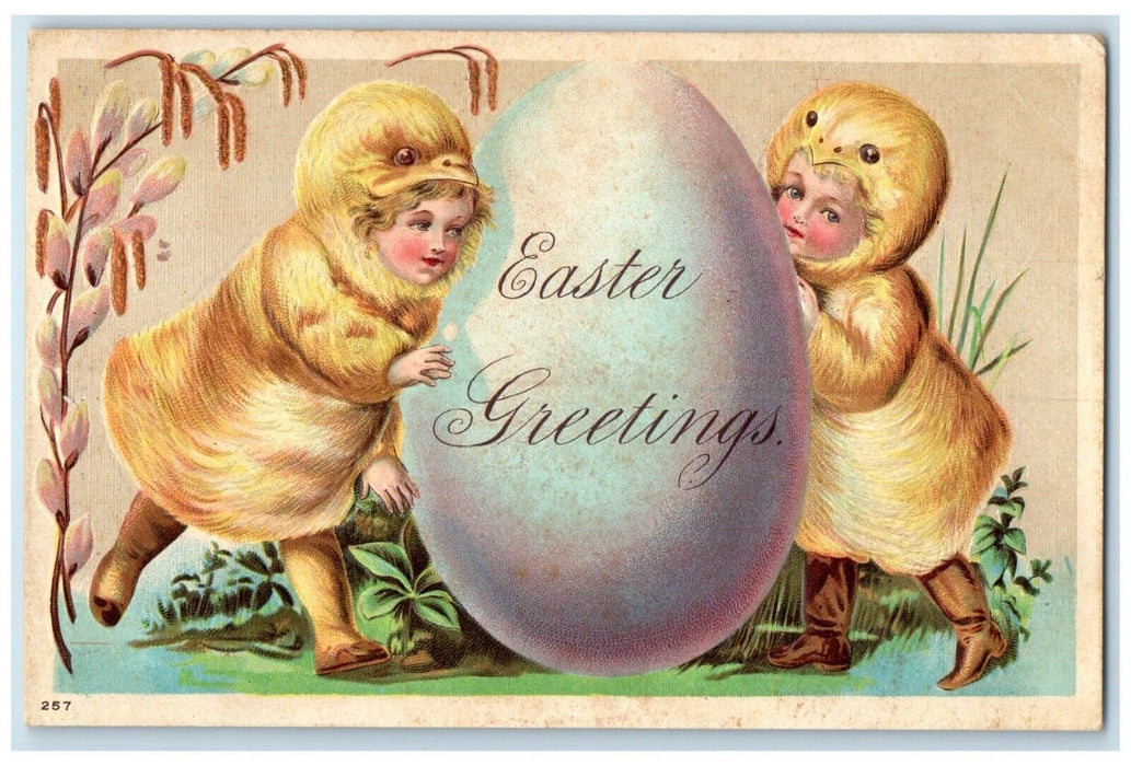 Easter Greetings Embossed Children Chicks Costume Cattail Pipe Berry Postcard