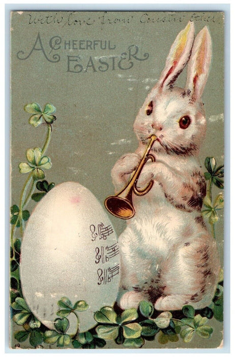 1907 Easter Anthropomorphic Rabbit Trumpet Egg Shamrock Clapsaddle Postcard