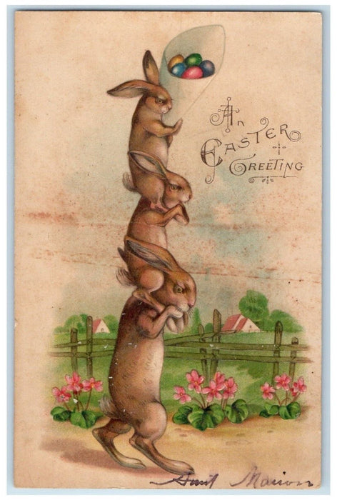 1907 Easter Greeting Rabbit With Eggs Flowers Embossed Brooklyn NY Postcard