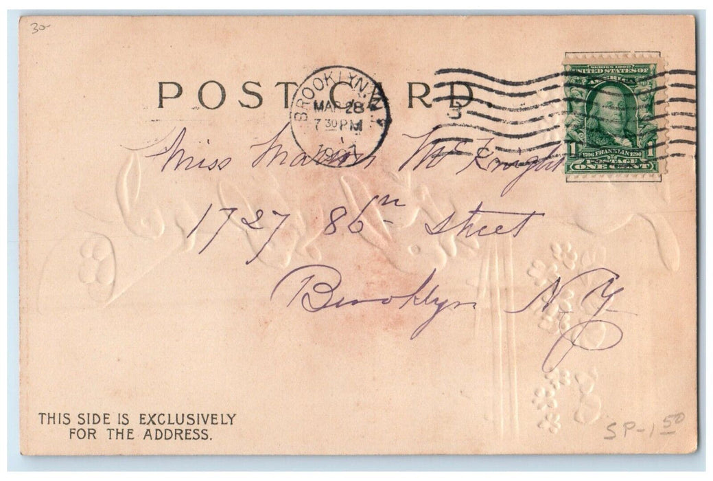1907 Easter Greeting Rabbit With Eggs Flowers Embossed Brooklyn NY Postcard