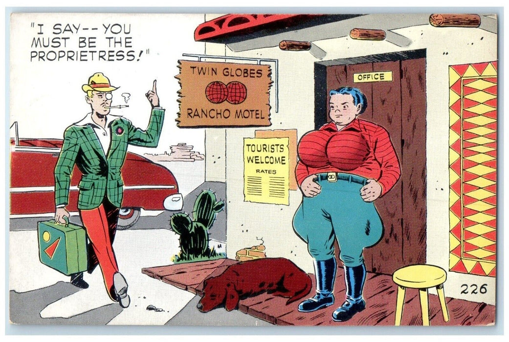 Man Cigarette Smoke Entering Twin Globes Rancho Motel Big Breast Dog Postcard