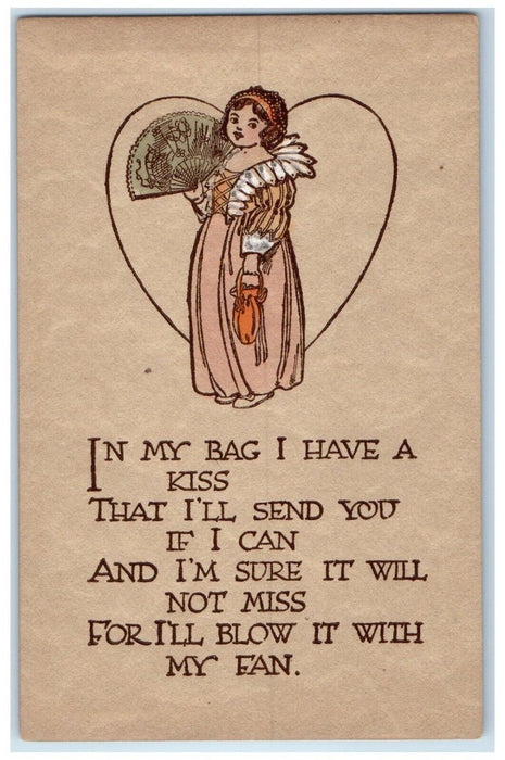 c1910's Raymond Howe Valentine Big Heart Woman Purse Bag Motto Antique Postcard