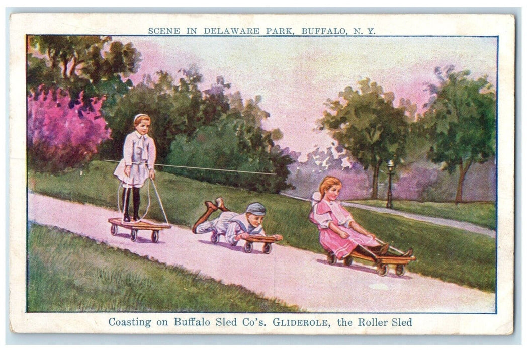 c1910's Children Roller Sled Scene In Delaware Park Buffalo NY AAntique Postcard