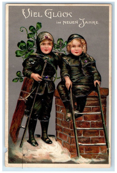 1908 New Year Children Sat On Chimney Ladder Shamrock Embossed German Postcard